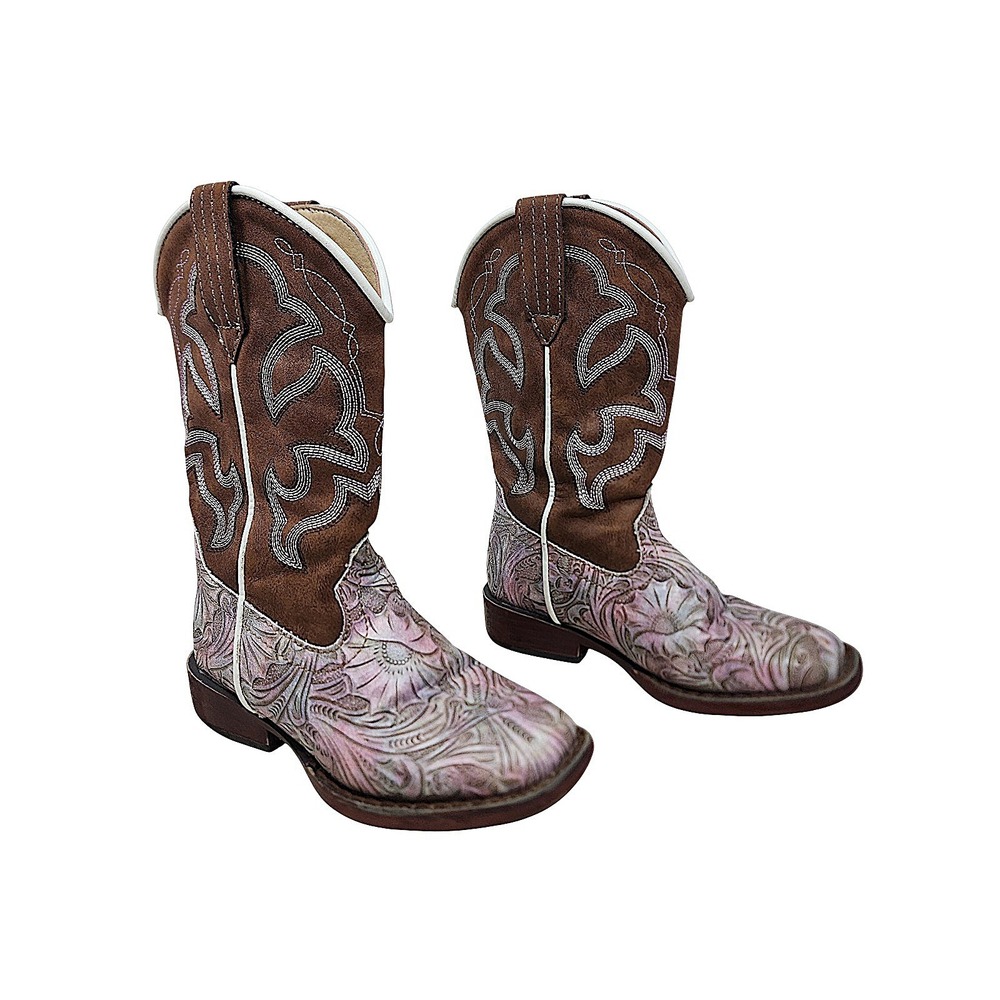 Roper Cowboy Boots 10 Little Kids Girls Brown Pink Floral Western Square Toe